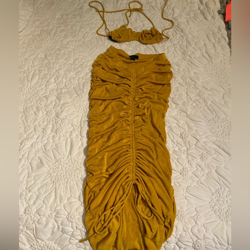 Mustard yellow h:ours two piece set, ruched skirt and tie crop top